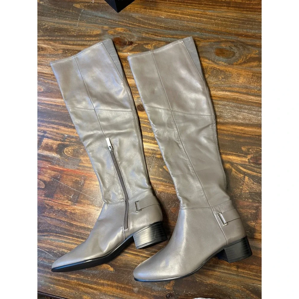 H by Halston Karlie Grey Leather Over the Knee Tall Block Heel Boots‎ 6M